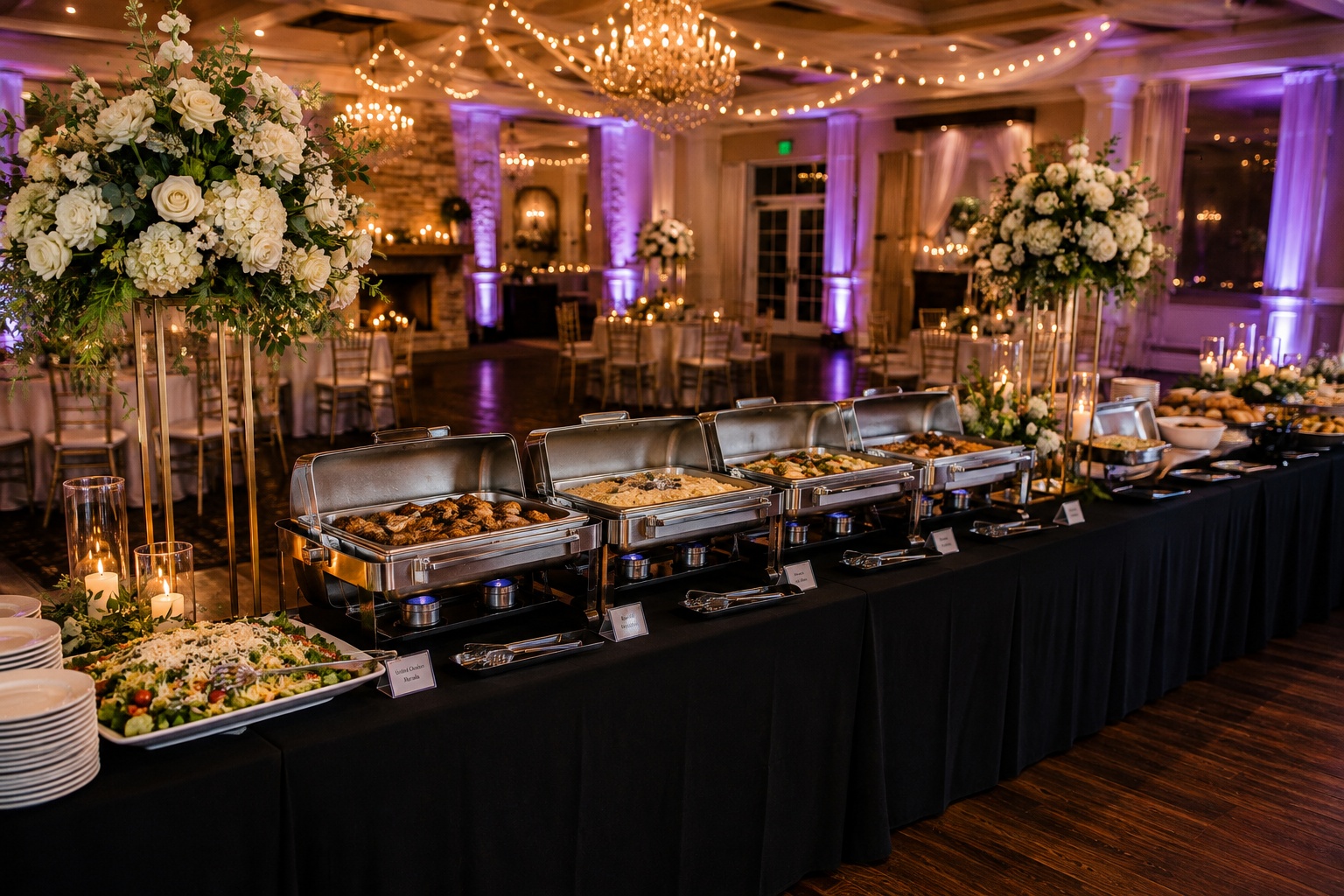 Elegant wedding reception buffet station with chafing dishes, floral arrangements, and uplighting at an Orlando wedding venue.