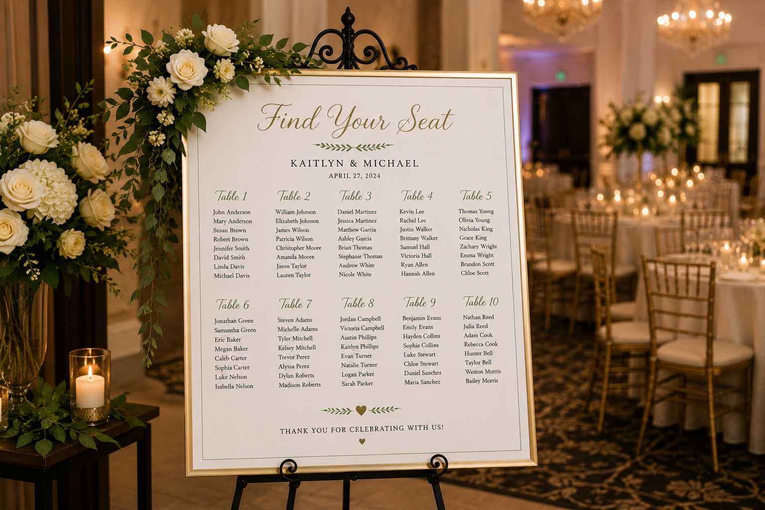 Wedding seating chart on an easel at the entrance of an elegant Orlando wedding reception with floral décor and guest tables.
