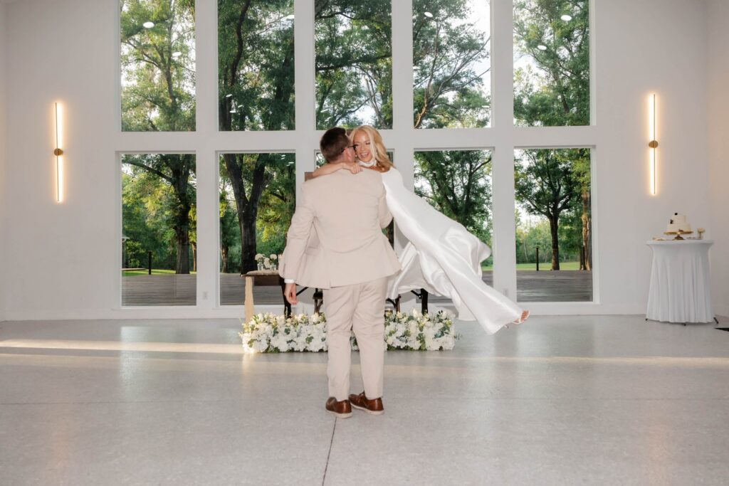 Hannah and Michael dancing together after completing their first-dance lift